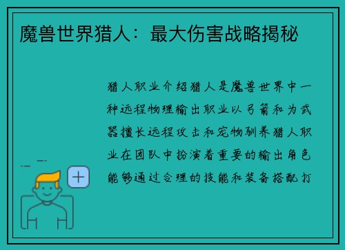 魔兽世界猎人：最大伤害战略揭秘